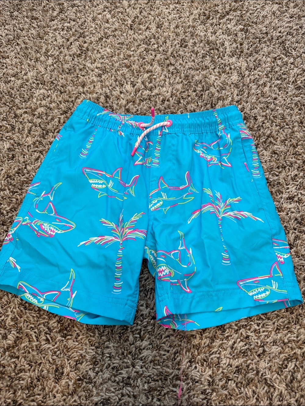 Kids' Turquoise Shark-Print Swim Trunks